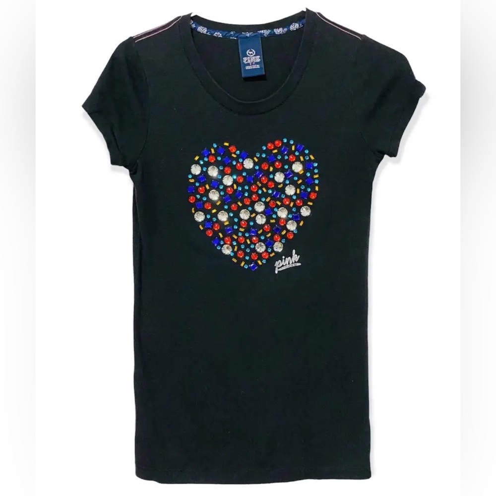 PINK Victoria’s Secret Jewel Encrusted Heart Appliqué Tee Black Size XS
